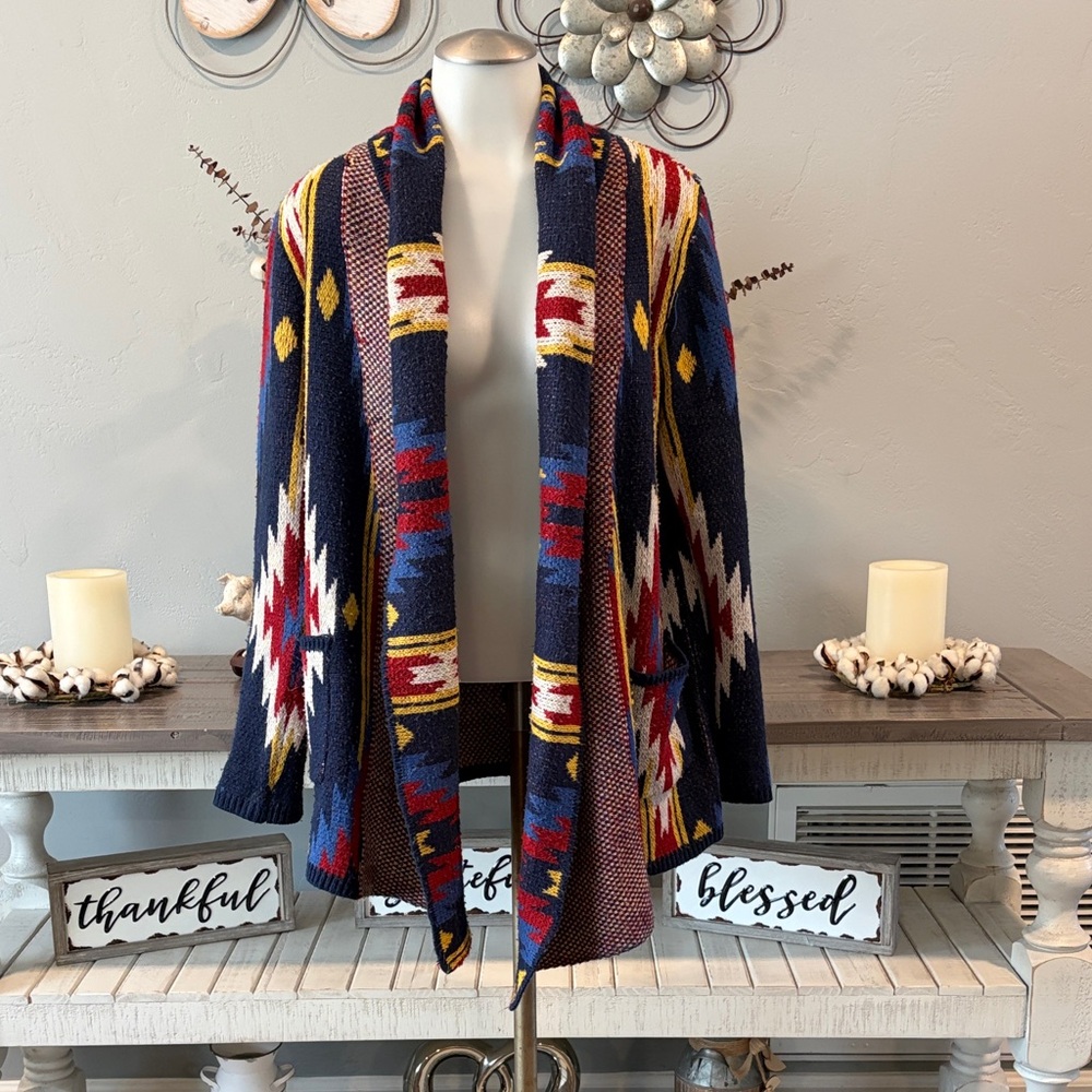 Rock & Roll Cowgirl navy cardigan with red, mustard & cream knit